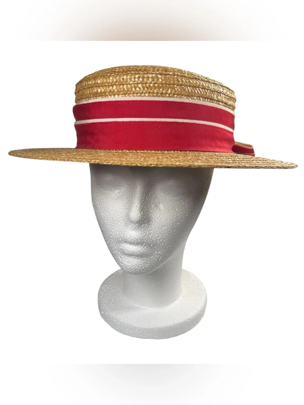 Vtg. 80s Laura Ashley Straw Boater Hat Red Ribbon Bow Cottagecore Great Britain